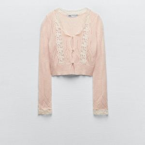 Zara Pink Lace-Trim Cropped Knit Cardigan